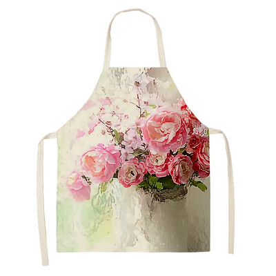 Doamnelor Roz cu flori din in imprimat șorț fără mâneci Lenjerie de bucatarie Bib Curățarea bucătăriei acasă Copii 47x38cm Adult 68x55cm