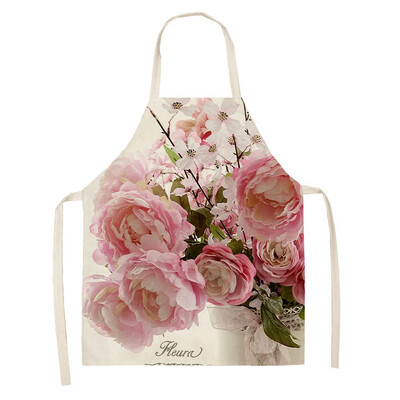 Doamnelor Roz cu flori din in imprimat șorț fără mâneci Lenjerie de bucatarie Bib Curățarea bucătăriei acasă Copii 47x38cm Adult 68x55cm