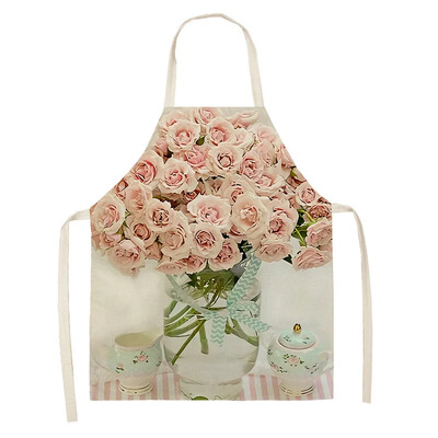 Doamnelor Roz cu flori din in imprimat șorț fără mâneci Lenjerie de bucatarie Bib Curățarea bucătăriei acasă Copii 47x38cm Adult 68x55cm