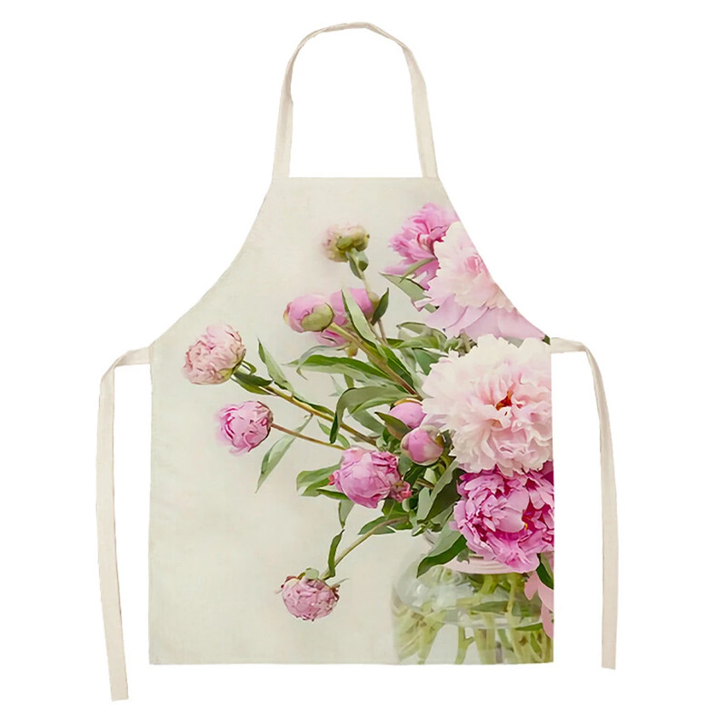 Doamnelor Roz cu flori din in imprimat șorț fără mâneci Lenjerie de bucatarie Bib Curățarea bucătăriei acasă Copii 47x38cm Adult 68x55cm
