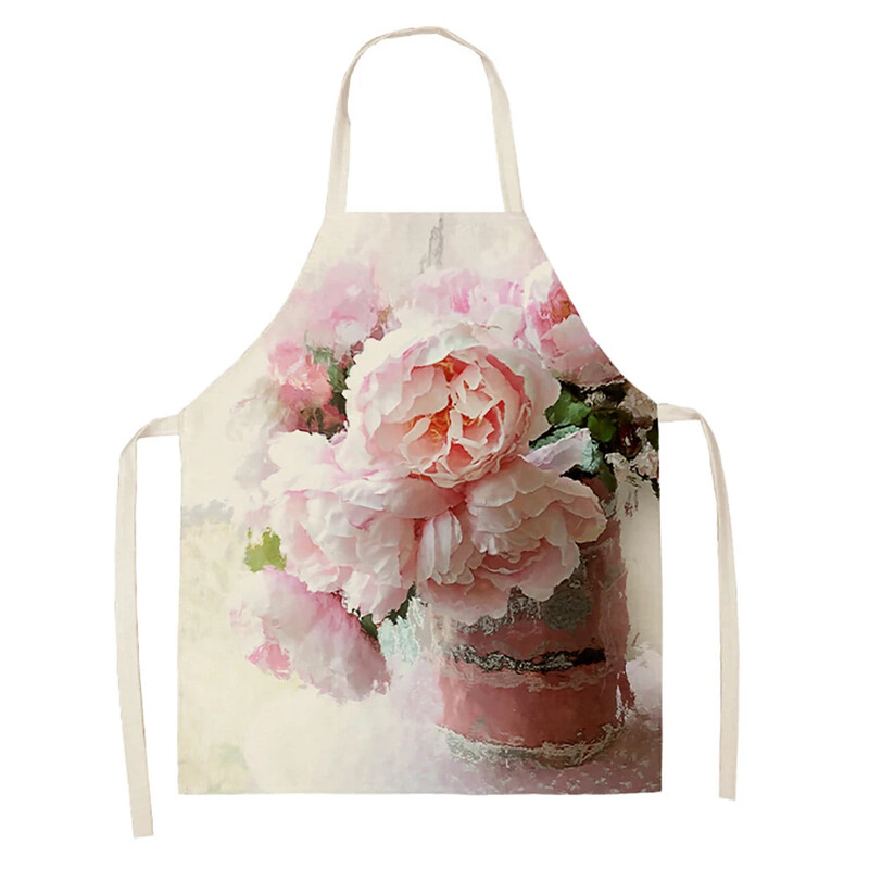 Doamnelor Roz cu flori din in imprimat șorț fără mâneci Lenjerie de bucatarie Bib Curățarea bucătăriei acasă Copii 47x38cm Adult 68x55cm