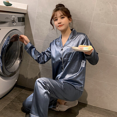 Vienkrāsains guļamveļa zīda satīna pidžamas pāra komplekts ar garu pogām nolaižamu pidžamas uzvalku pidžamas sieviešu vīriešu atpūtas apģērbi lielizmēra Pj komplekts