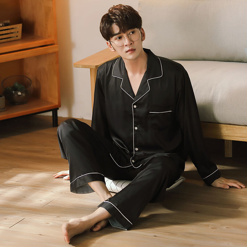 Férfi pizsama szett Téli hálóruha férfi ingnek hosszú ujjú pizsama férfi selyem szatén alvó otthoni éjszakai viselet nagy méretű nappali ruha