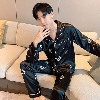 Muški set simuliranih svilenih pidžama, kardigan dugih rukava, ležerno kućno odijelo, modna jacquard spavaćica, široka spavaćica, salonke