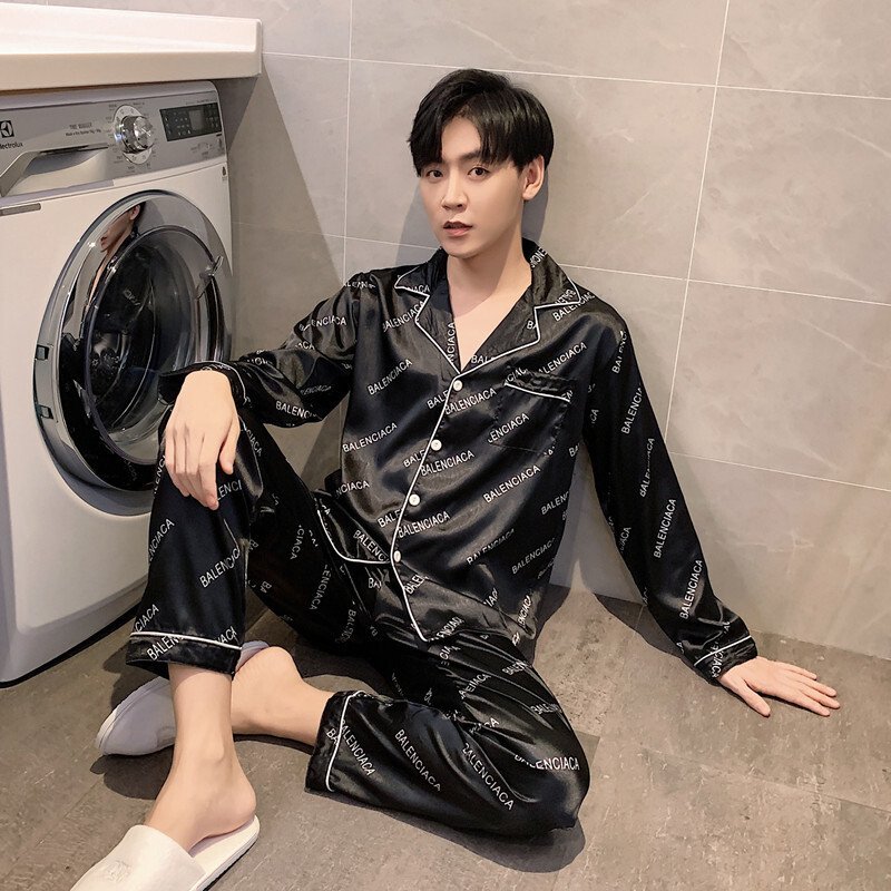 Muški set simuliranih svilenih pidžama, kardigan dugih rukava, ležerno kućno odijelo, modna jacquard spavaćica, široka spavaćica, salonke