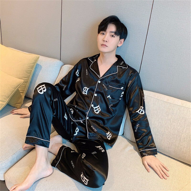 Muški set simuliranih svilenih pidžama, kardigan dugih rukava, ležerno kućno odijelo, modna jacquard spavaćica, široka spavaćica, salonke