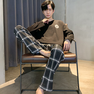 Proljeće Jesen Plus 4XL Pletena muška spavaća odjeća Letter Mrežasta pidžama Kompleti pidžama s kariranom odjećom Ležerna dnevna odjeća Pidžama Noćna moda