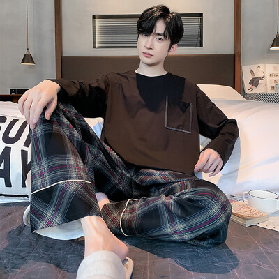 Proljeće Jesen Plus 4XL Pletena muška spavaća odjeća Letter Mrežasta pidžama Kompleti pidžama s kariranom odjećom Ležerna dnevna odjeća Pidžama Noćna moda