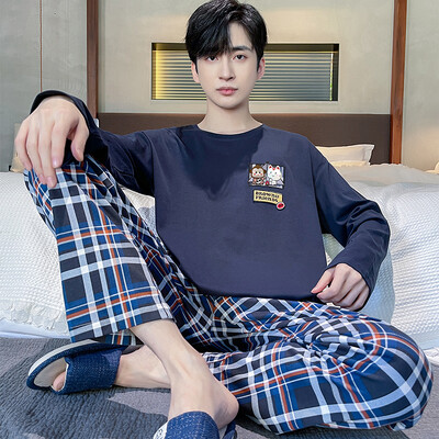 Proljeće Jesen Plus 4XL Pletena muška spavaća odjeća Letter Mrežasta pidžama Kompleti pidžama s kariranom odjećom Ležerna dnevna odjeća Pidžama Noćna moda