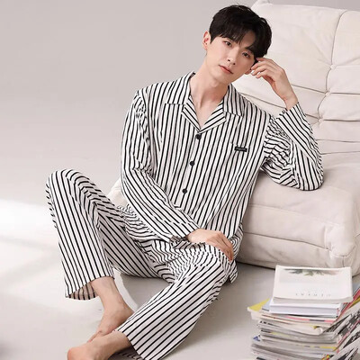 Férfi 100% pamut hosszú ujjú pizsama szett vékony őszi/téli külső viseletre Csúcsminőségű nyári otthoni ruha