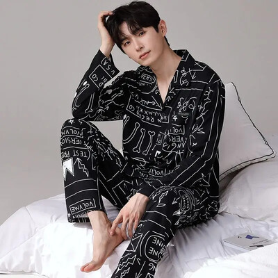 Férfi 100% pamut hosszú ujjú pizsama szett vékony őszi/téli külső viseletre Csúcsminőségű nyári otthoni ruha