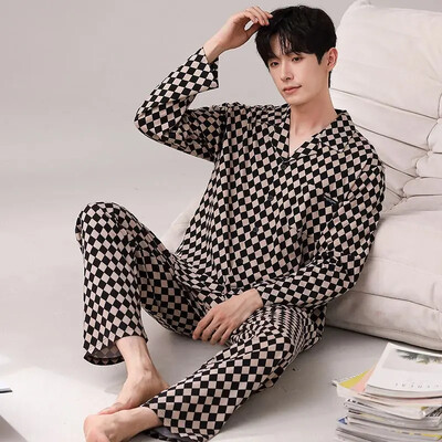 Férfi 100% pamut hosszú ujjú pizsama szett vékony őszi/téli külső viseletre Csúcsminőségű nyári otthoni ruha