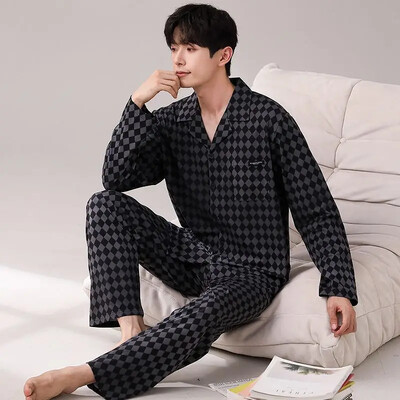 Férfi 100% pamut hosszú ujjú pizsama szett vékony őszi/téli külső viseletre Csúcsminőségű nyári otthoni ruha