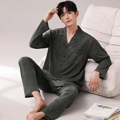 Férfi 100% pamut hosszú ujjú pizsama szett vékony őszi/téli külső viseletre Csúcsminőségű nyári otthoni ruha