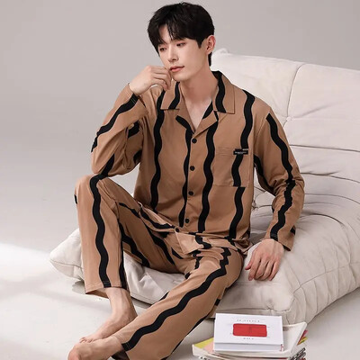 Férfi 100% pamut hosszú ujjú pizsama szett vékony őszi/téli külső viseletre Csúcsminőségű nyári otthoni ruha