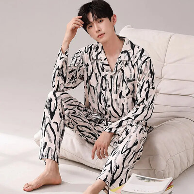 Férfi 100% pamut hosszú ujjú pizsama szett vékony őszi/téli külső viseletre Csúcsminőségű nyári otthoni ruha