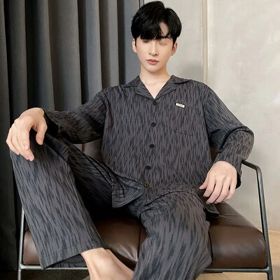 Férfi 100% pamut hosszú ujjú pizsama szett vékony őszi/téli külső viseletre Csúcsminőségű nyári otthoni ruha
