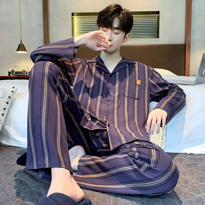 Férfi 100% pamut hosszú ujjú pizsama szett vékony őszi/téli külső viseletre Csúcsminőségű nyári otthoni ruha