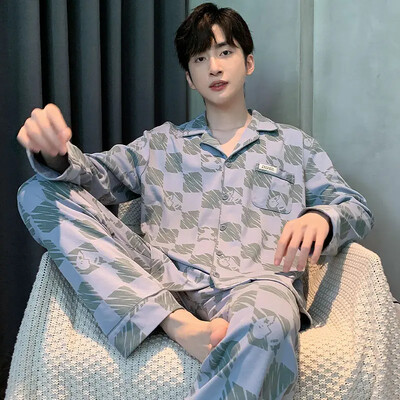 Férfi 100% pamut hosszú ujjú pizsama szett vékony őszi/téli külső viseletre Csúcsminőségű nyári otthoni ruha