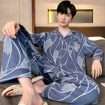 Férfi 100% pamut hosszú ujjú pizsama szett vékony őszi/téli külső viseletre Csúcsminőségű nyári otthoni ruha