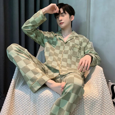 Férfi 100% pamut hosszú ujjú pizsama szett vékony őszi/téli külső viseletre Csúcsminőségű nyári otthoni ruha