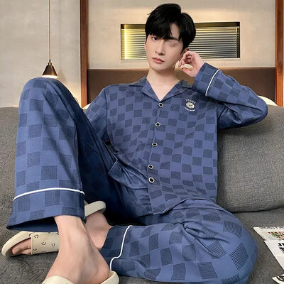 Férfi 100% pamut hosszú ujjú pizsama szett vékony őszi/téli külső viseletre Csúcsminőségű nyári otthoni ruha