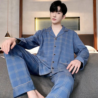 Férfi 100% pamut hosszú ujjú pizsama szett vékony őszi/téli külső viseletre Csúcsminőségű nyári otthoni ruha
