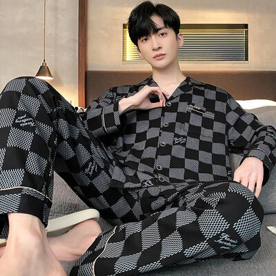 Férfi 100% pamut hosszú ujjú pizsama szett vékony őszi/téli külső viseletre Csúcsminőségű nyári otthoni ruha