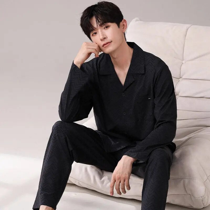 Férfi 100% pamut hosszú ujjú pizsama szett vékony őszi/téli külső viseletre Csúcsminőségű nyári otthoni ruha