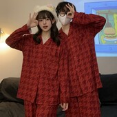 Férfi pizsama pármodell Piros madártávlatú pizsama Kényelmes nyári és őszi, hosszú ujjú nappaliruha öltöny kívül is hordható