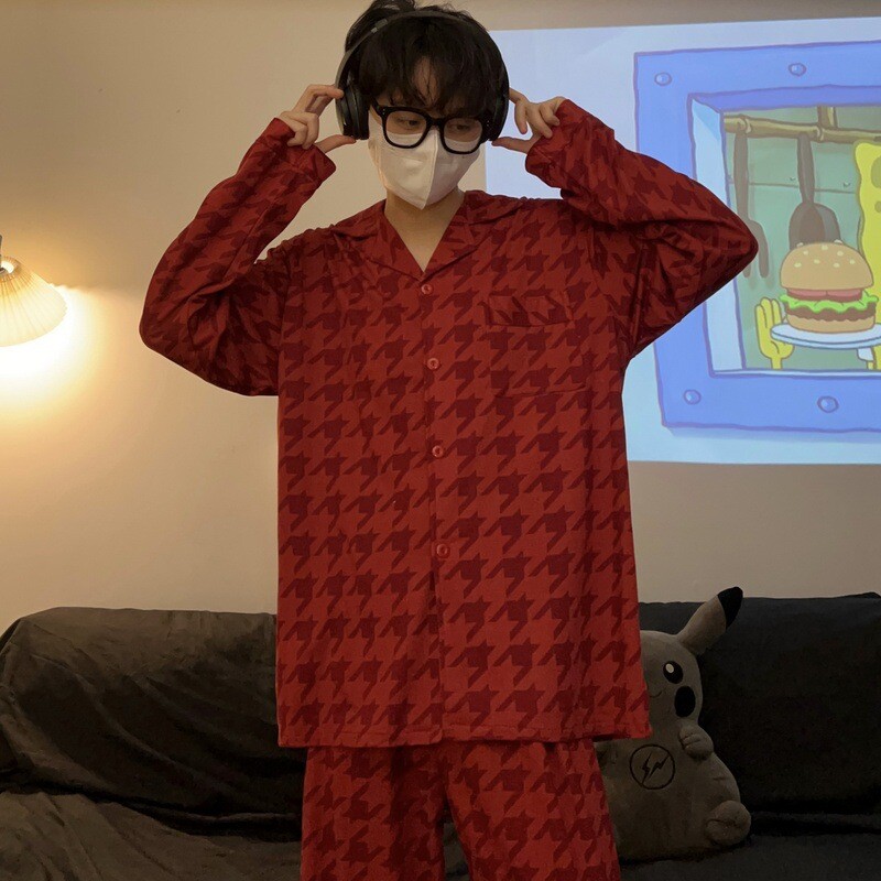 Férfi pizsama pármodell Piros madártávlatú pizsama Kényelmes nyári és őszi, hosszú ujjú nappaliruha öltöny kívül is hordható