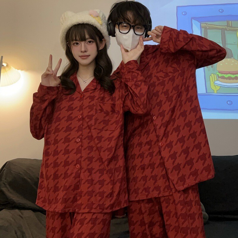 Férfi pizsama pármodell Piros madártávlatú pizsama Kényelmes nyári és őszi, hosszú ujjú nappaliruha öltöny kívül is hordható