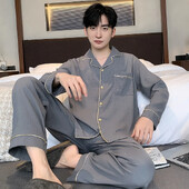 Alkalmi férfi pizsama szett könnyű pamut szatén hajtókás kardigán hosszú ujjú nadrág vékony otthoni ruha tavaszi nyárra