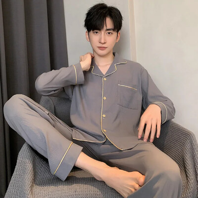 Alkalmi férfi pizsama szett könnyű pamut szatén hajtókás kardigán hosszú ujjú nadrág vékony otthoni ruha tavaszi nyárra