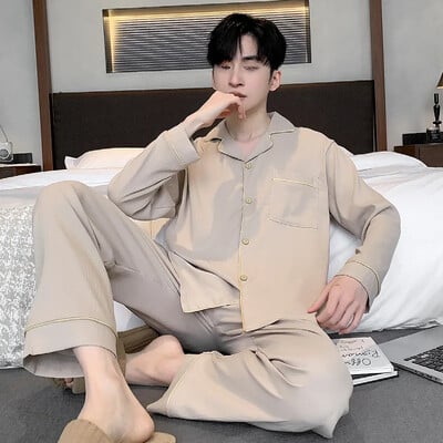 Alkalmi férfi pizsama szett könnyű pamut szatén hajtókás kardigán hosszú ujjú nadrág vékony otthoni ruha tavaszi nyárra