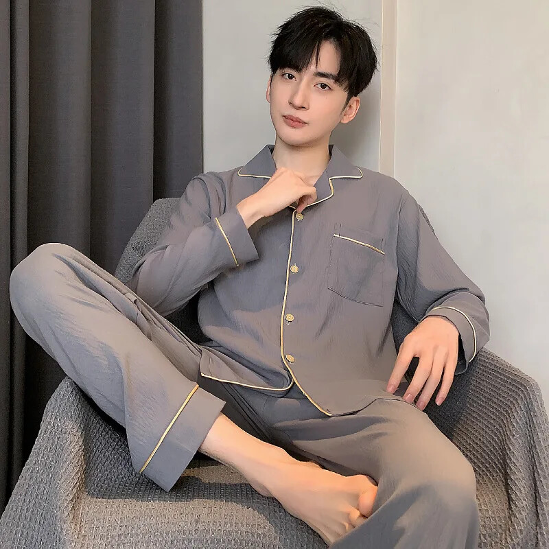 Alkalmi férfi pizsama szett könnyű pamut szatén hajtókás kardigán hosszú ujjú nadrág vékony otthoni ruha tavaszi nyárra