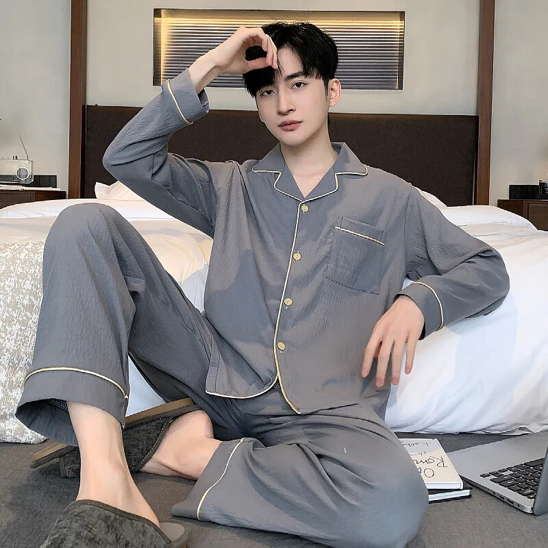 Alkalmi férfi pizsama szett könnyű pamut szatén hajtókás kardigán hosszú ujjú nadrág vékony otthoni ruha tavaszi nyárra
