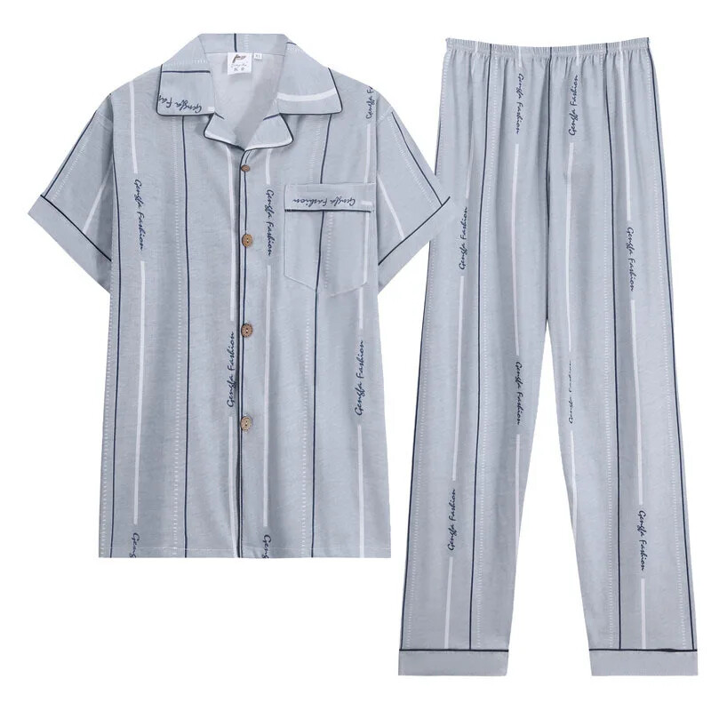 Határon átnyúló pizsama szett férfiaknak nyári ujjú nadrág Kardigán tavaszi őszi koreai stílusú elülső gombos hajtóka Laza otthoni ruha
