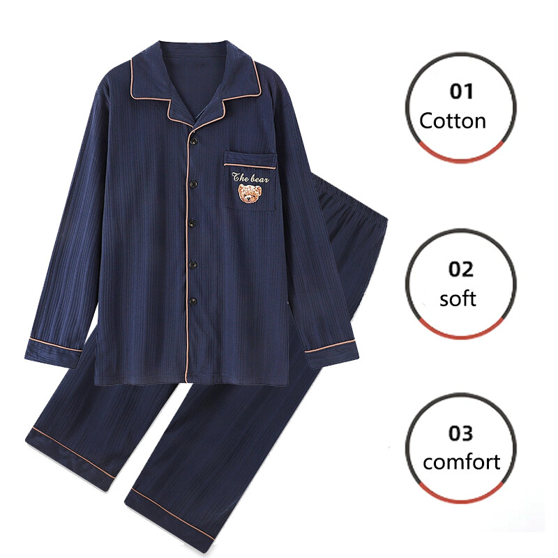 Nagy méretű pamut férfi pizsama, kiváló minőségű és kiváló minőségű 2 db/szett, hosszú ujjú kardigán háziruha fekete csíkos kockás hálóruha