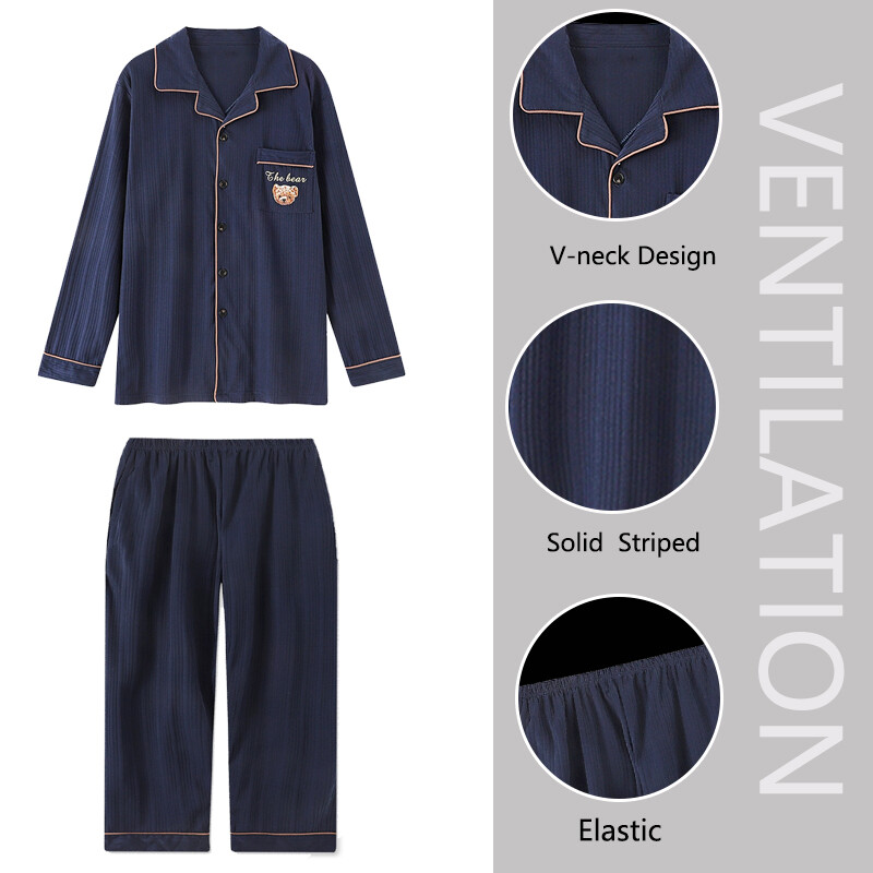 Nagy méretű pamut férfi pizsama, kiváló minőségű és kiváló minőségű 2 db/szett, hosszú ujjú kardigán háziruha fekete csíkos kockás hálóruha