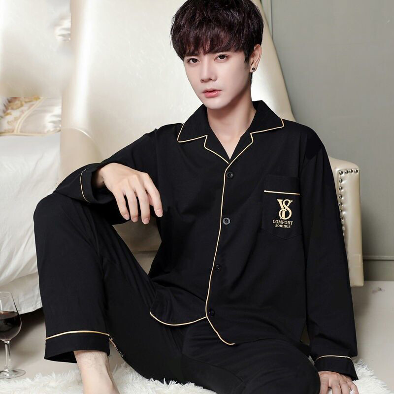 Nagy méretű pamut férfi pizsama, kiváló minőségű és kiváló minőségű 2 db/szett, hosszú ujjú kardigán háziruha fekete csíkos kockás hálóruha