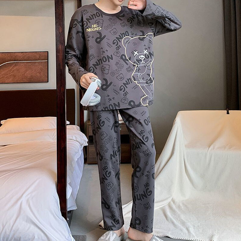Dviejų dalių rinkinys Rudens žiemos Moterų pižama Vyriški animaciniai laiškai ilgomis rankovėmis Meškučiai, megztiniai miegui Moteriški dideli namų drabužiai