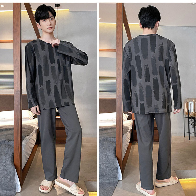 Férfi egyszínű pizsama őszi téli pamut iskola nagy méretű otthoni ruházat hosszú ujjú hosszú nadrág alkalmi egyszerű kockás ruhák