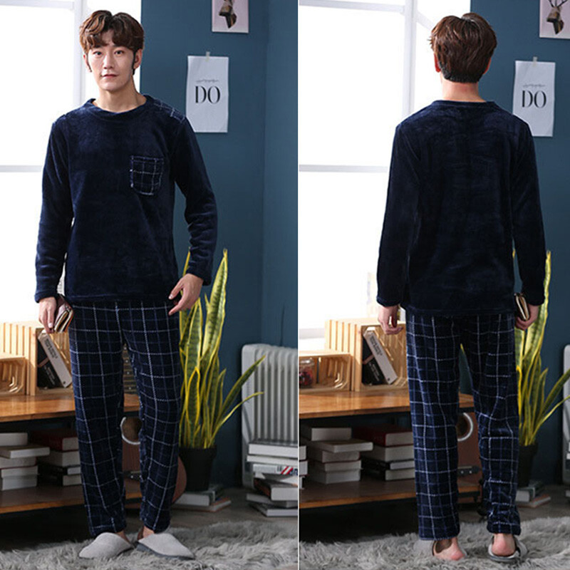 2vnt/komplektas Rudens ir žieminės audeklo vyriškos pižamos paminkštintos pastorintos šiltos ilgos rankovės paauglių koralų vilnos namų drabužiai berniukams