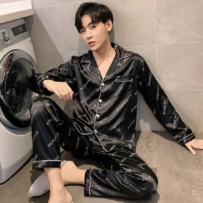 Plonas pavasario/vasaros žakardo šilko pižamų rinkinys vyriškos ilgos rankovės megztinio kelnės, tinkamos dėvėti namuose