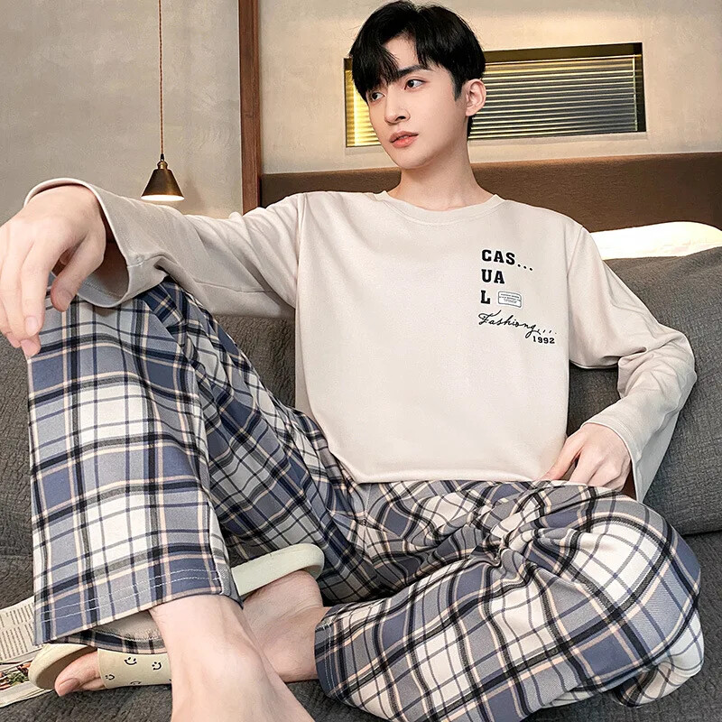 Walf Checks transfrontalier pijamale bărbați toamnă mânecă lungă Homewear primăvară toamnă stil subțire costum pentru tineret cu ridicata