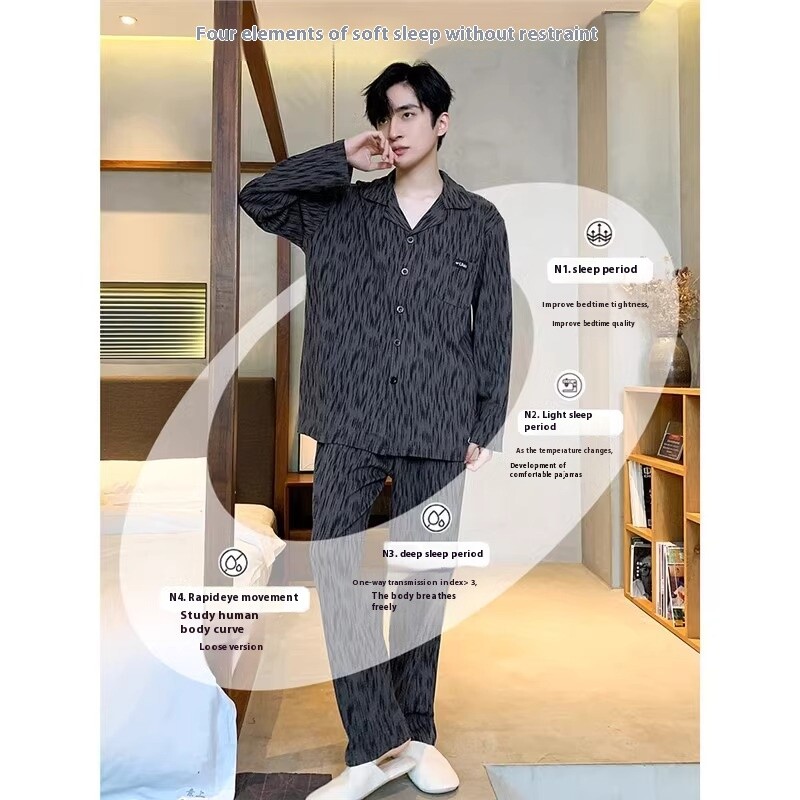 2kom/komplet pidžame dugih rukava za srednje i starije osobe, muške jesenske i zimske ležerne crne muške pidžame veće veličine, kućna odjeća zadah