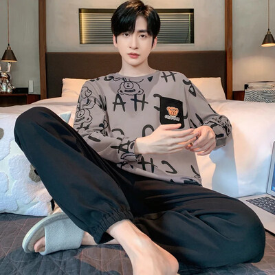 2db/szett molett férfi pizsama őszi-téli hosszú ujjú bő alkalmi rajzfilm maci csíkos fekete O-nyak puha alkalmi egyetemi