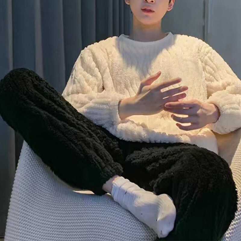 Muška pidžama komplet hlača od flanela, meka jednobojna gornja hlača s okruglim izrezom, udobna pidžama s dugim rukavima