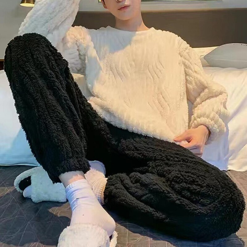 Muška pidžama komplet hlača od flanela, meka jednobojna gornja hlača s okruglim izrezom, udobna pidžama s dugim rukavima